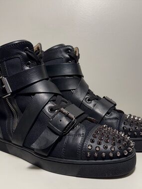Christian Louboutin Snap Shoot Black Leather Canvas Men’s EUR 42 Spikes Silver